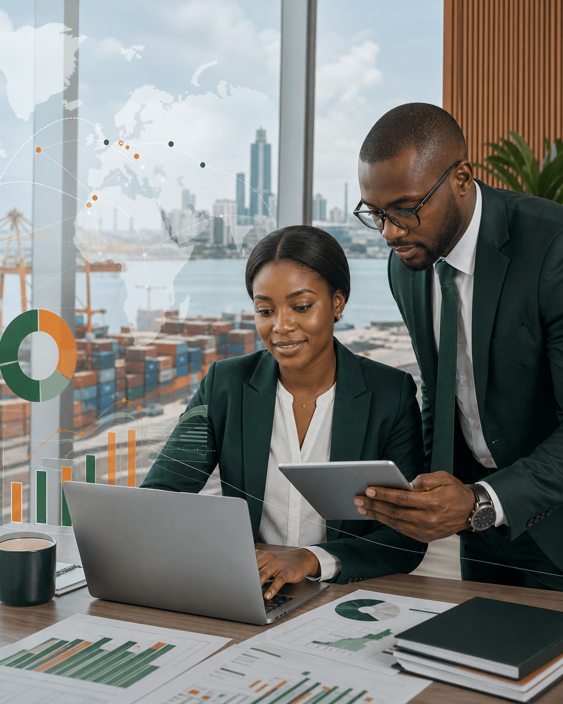 Professionnels analysant des données statistiques de commerce extérieur